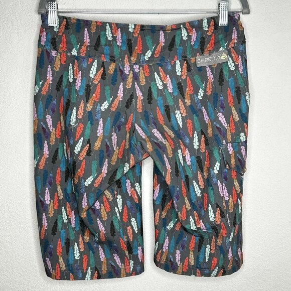 Shredly Shorts Womens 4 Gray Feather Print Mountain Bike Cycling Trail Pockets - Picture 2 of 12